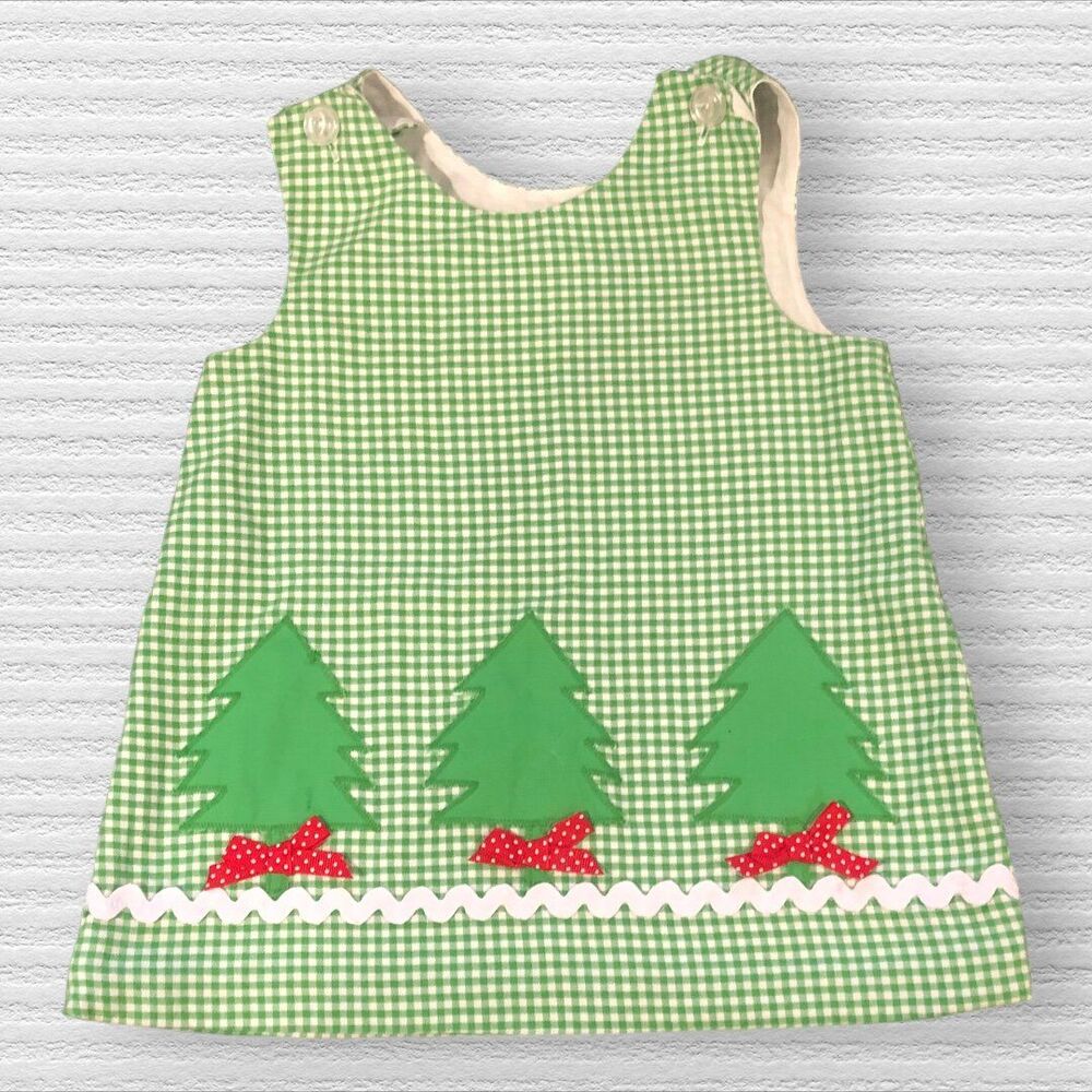 Rags Land 18m Green Checked Christmas Tree Button Dress USA Classic